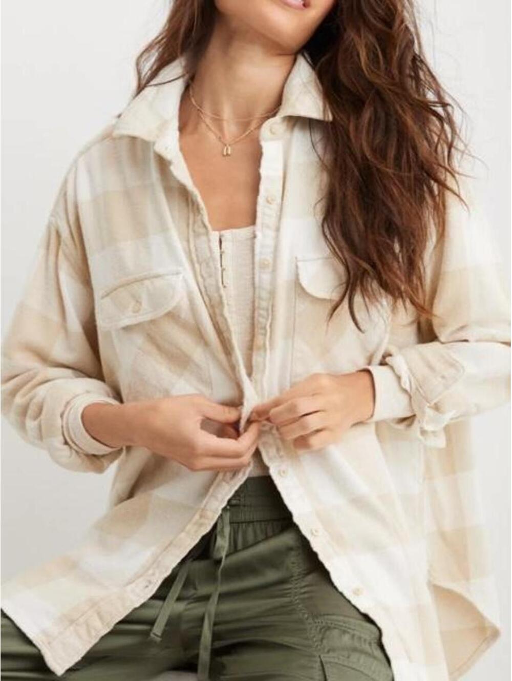 Aerie Lumberjane Flannel cream beige plaid oversized button-up shirt XL cotton
